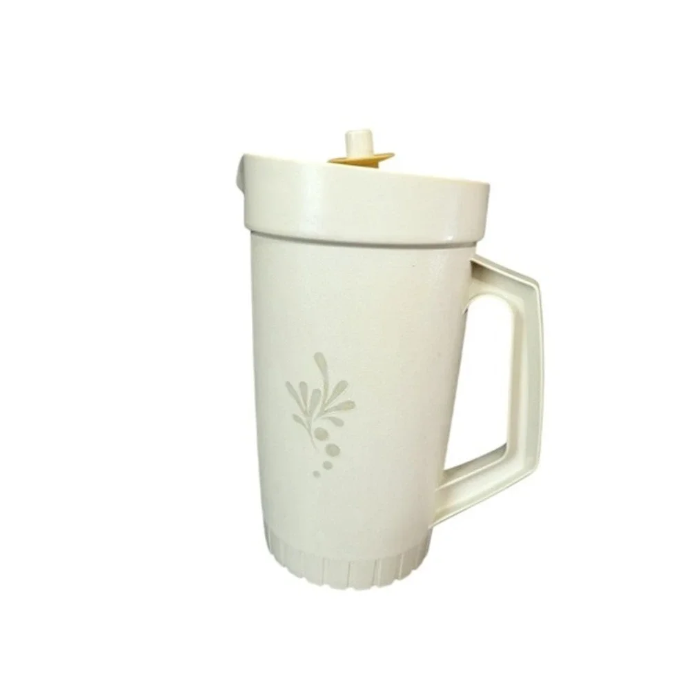 Vintage Tupperware 800-8 Pitcher Almond Tan 2 Quart Push Button Lid Floral 9in